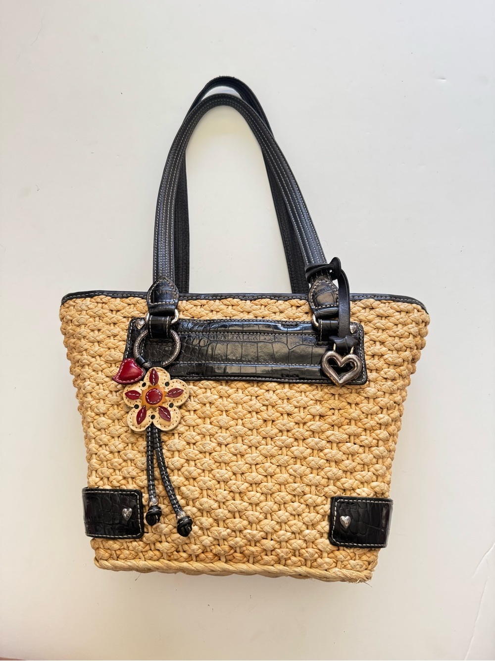 Brighton Cody Tan Woven Straw Shoulder Bag with Black Trim